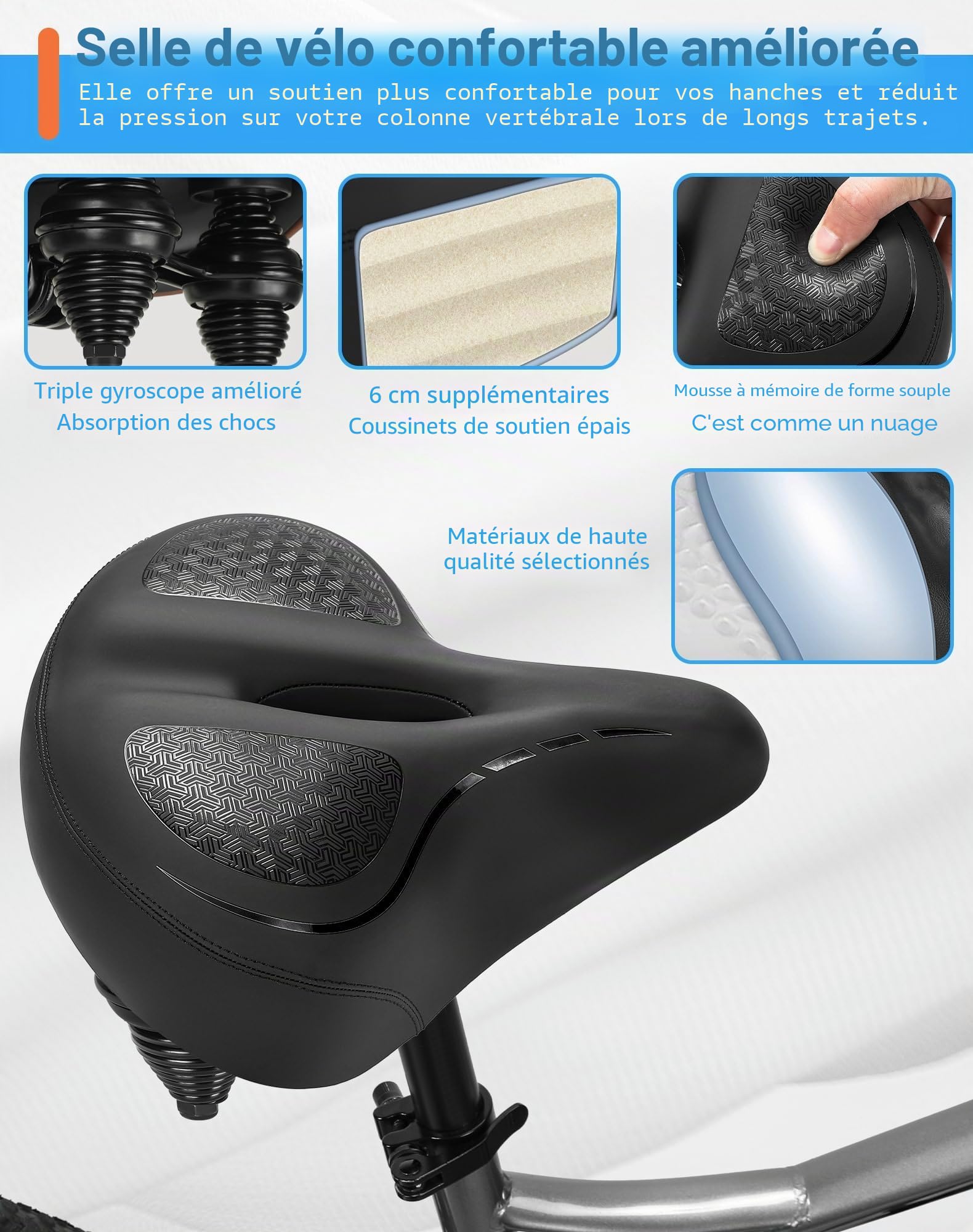 CDYWD Selle de Velo Ultra Confortable Homme et Femme, Large, avec Suspension, Rembourrage Doux, Ventilation, Ergonomique Selle Confort Velo pour VTT, Vélo de Ville, Ebike, Vélo Stationnaire