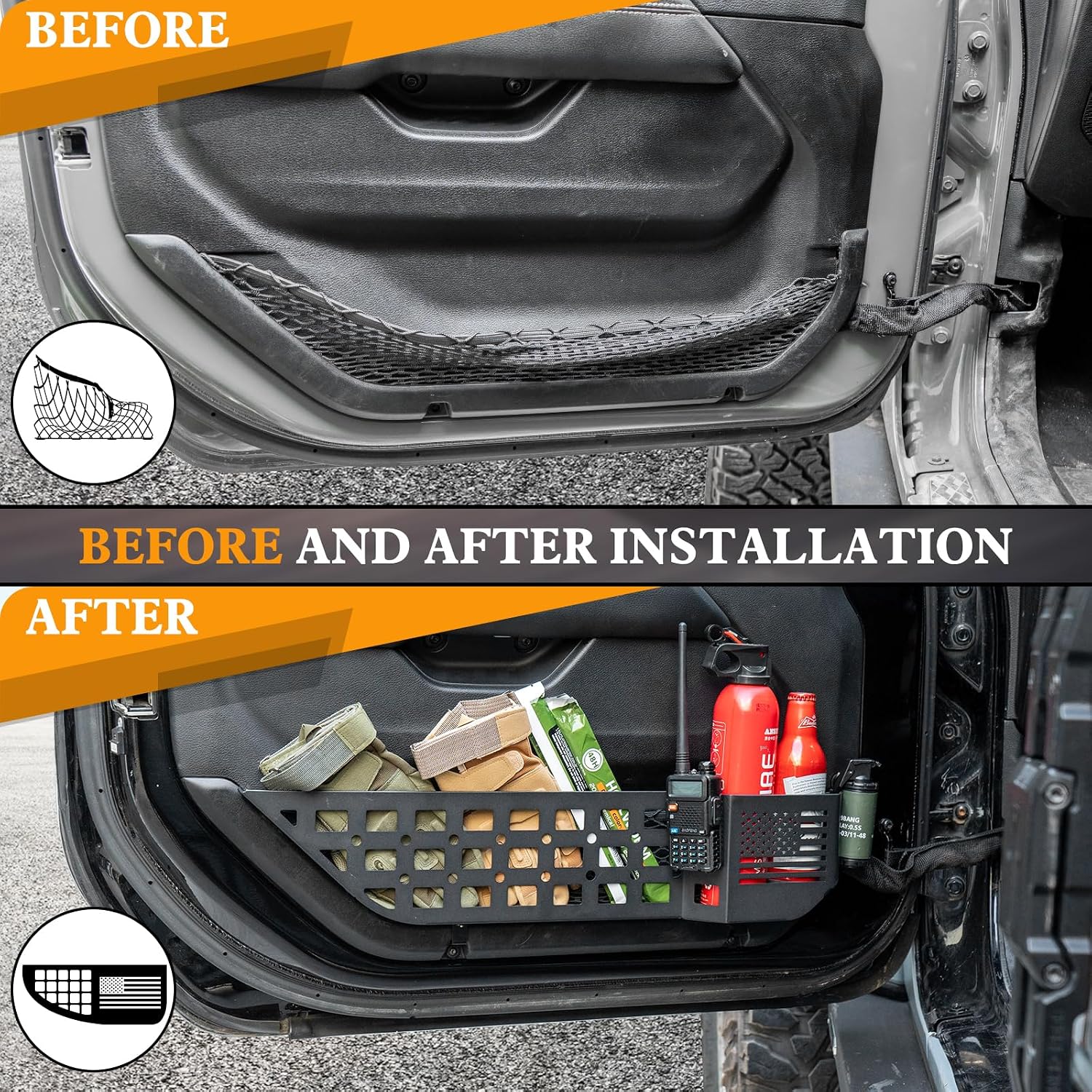 Metal Front Door Pocket Storage Box Compatible with Jeep Wrangler JL JLU 4XE 2018-2024 & Gladiator JT 2020-2024 Rubicon Sport Sahara Interior Door Storage Organizer Molle Panels（Not Fit Power Seats）