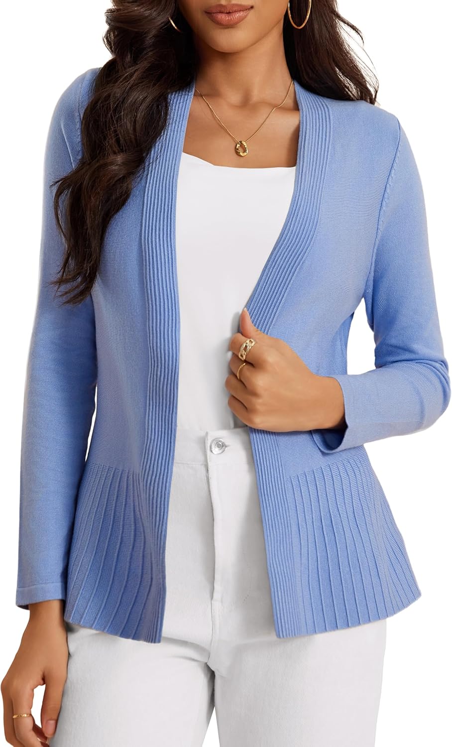 Casuashion Women's Casual Open Front Sweater Long Sleeve Rib Knit Draped Cardigan