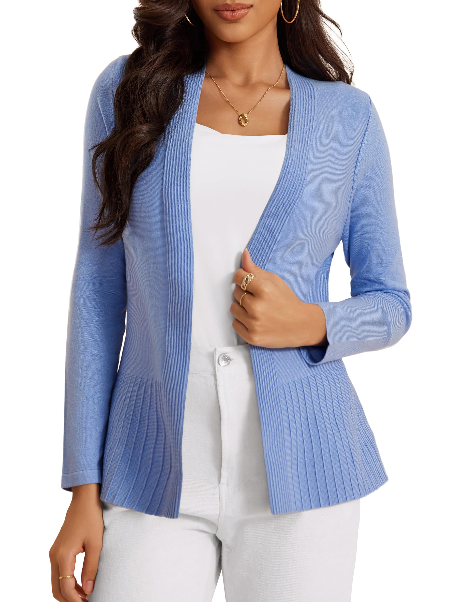 Casuashion Women's Casual Open Front Sweater Long Sleeve Rib Knit Draped Cardigan