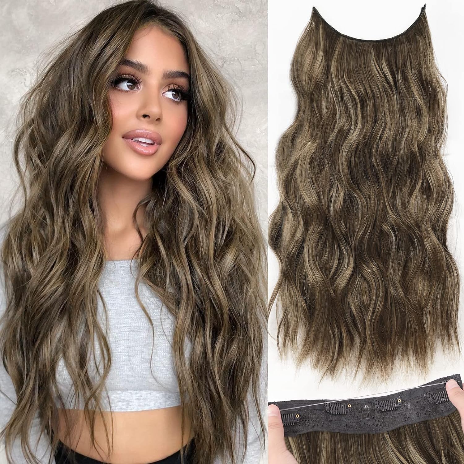 KooKaStyle Invisible Wire Hair Extensions with Transparent Headband Adjustable Size