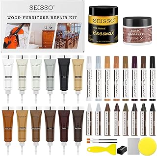 SEISSO Wood Furniture Repair Kit, 12 Colors Wood Fillers, 8 Colors Touch Up Markers&Wax Sticks, Wood Putty with Beeswax, Wood Repairing Kit of Stains, Scratches, Holes, Cracks(36 PCs)