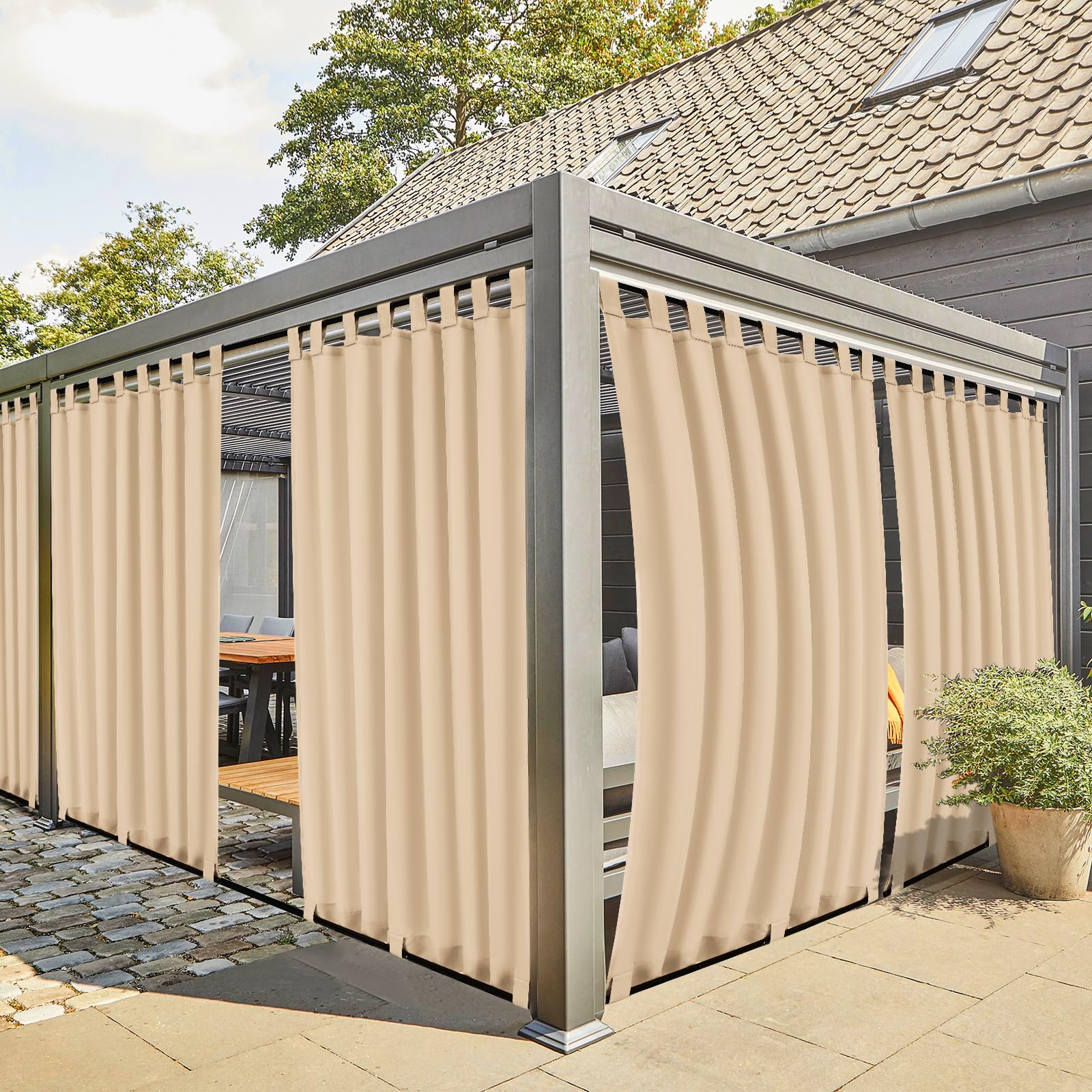 Teruntrue 2 Pezzi Tenda da Esterno Impermeabile con Cerniere in, Tende da Balcone e Terrazza, Protezione Solare e Privacy, con Occhielli Inferiori, H260 x B155 cm, Beige