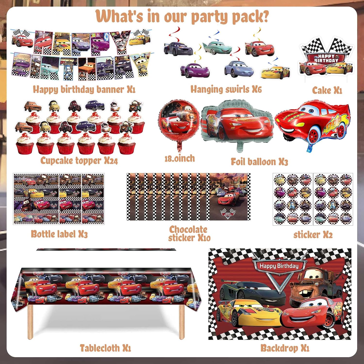 Cartoon Birthday Decorations, Car Themed Party Decorations Set with Balloon, Backdrop, Paper, Tableware, Tablecloth, Banner, for Adult Birthday Party