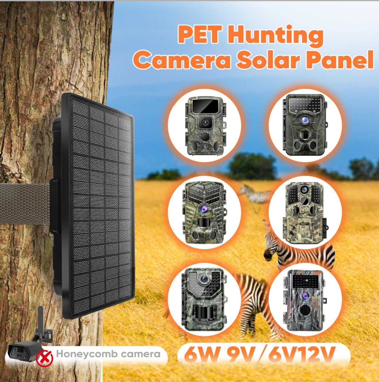 Solar Panel 6W for Trail Camera,Solar Kit Build-in 6000mAh Rechargeable Battery, Hunting Accessories for IP66 Waterproof, Solar Power for Trail Camera