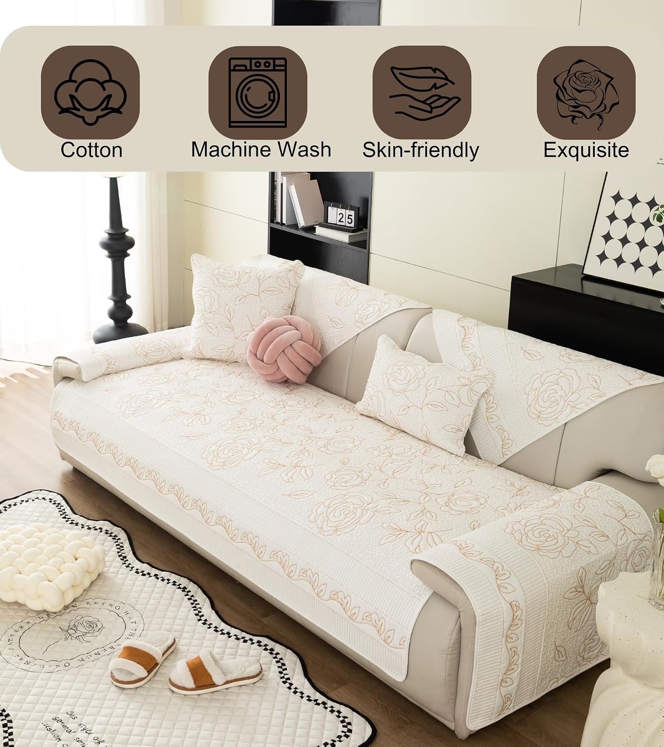 Luxury Cotton Boho 3D Rose Embroidery Sofa Cover Super Soft Washable Floral Quilted Sectional Couch Cover Anti-Slip Sofa Slipcovers Furniture Protector for Dogs Cats Pet (White,28"x70")