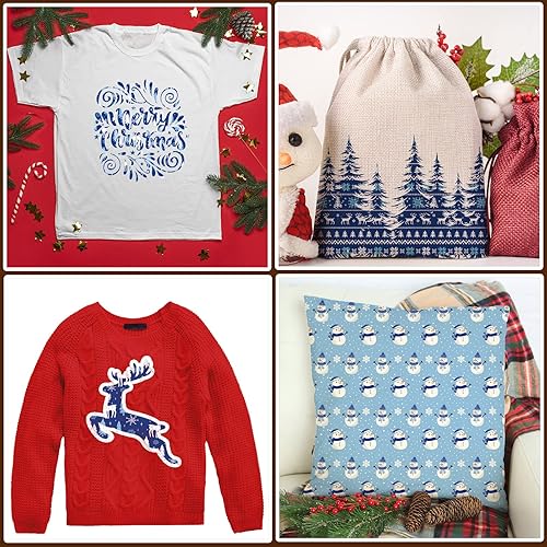 Miniatura 7 de Whaline 12 hojas de vinilo de transferencia de calor de Navidad azul y blanco, hoja de árbol de Navidad, muñeco de nieve, reno, manualidades, vinilo