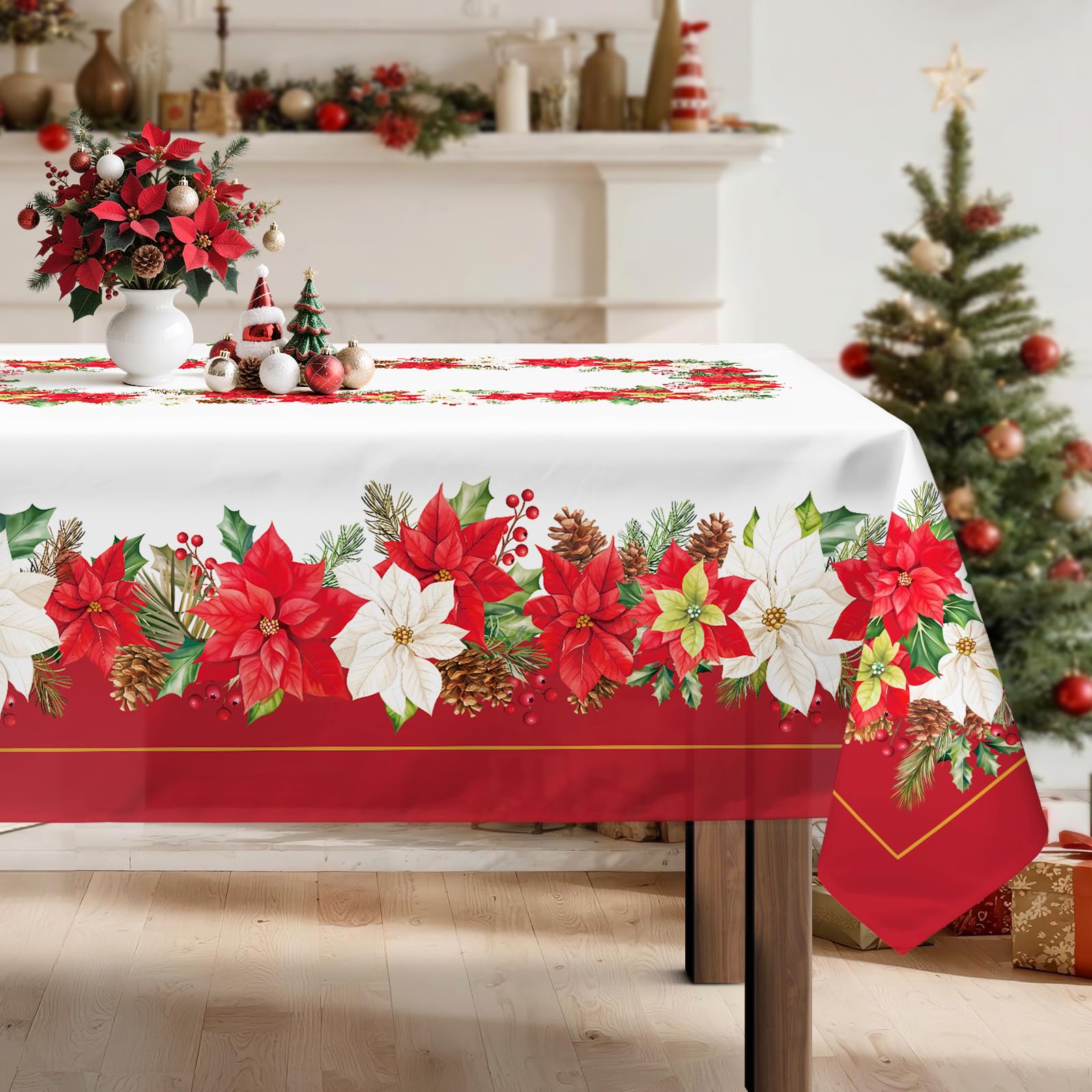 Nappe Florale De NoëL, Nappe Rectangulaire à Fleurs De NoëL, Housse De Table en Antitache Imperméable Lavable pour FêTe De NoëL, Vacances, DéCoration D'IntéRieur (Rouge, 152x264cm)