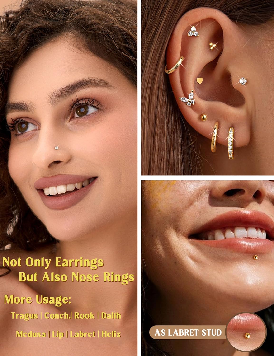 12 Pairs Threadless Flat Back Earrings Studs 20G 18G 16G Hypoallergenic Surgical Steel Push in Nose Studs Rings 14K Gold Plated Cartilage Earring Sets Helix Tragus Conch Piercing Jewelry for Women - Image 2