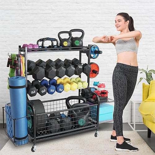 Miniatura 7 de STUFFSTASH Soporte ajustable para mancuernas para gimnasio en casa, estante de peso resistente con estante para pesas rusas, soporte para tapete de