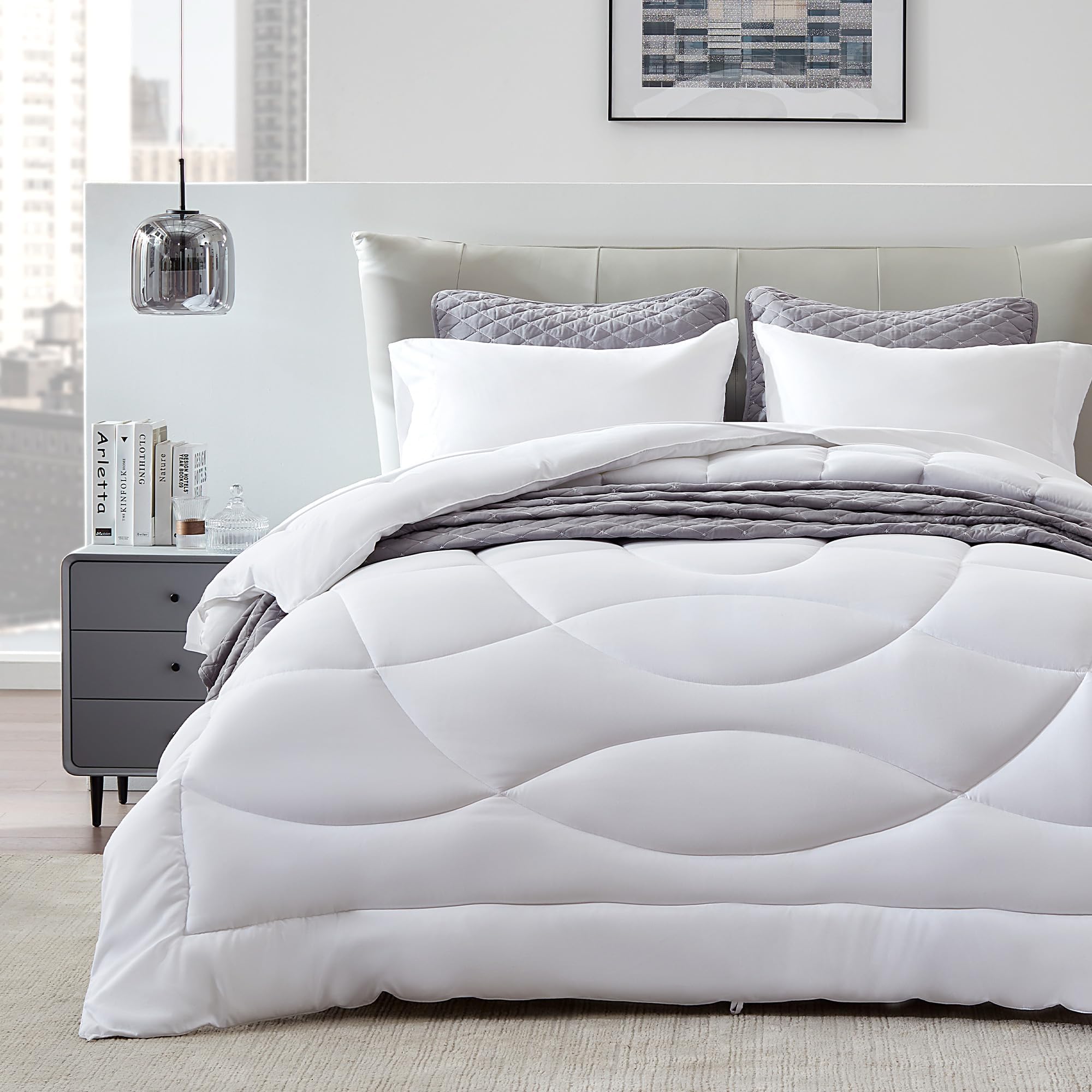 SLEEP ZONE Relleno de edredón, edredón reversible acolchado tamaño King, edredón suave para todas las estaciones, ropa de cama transpirable alternativa al plumón con 8 pestañas, 2 lados color blanco