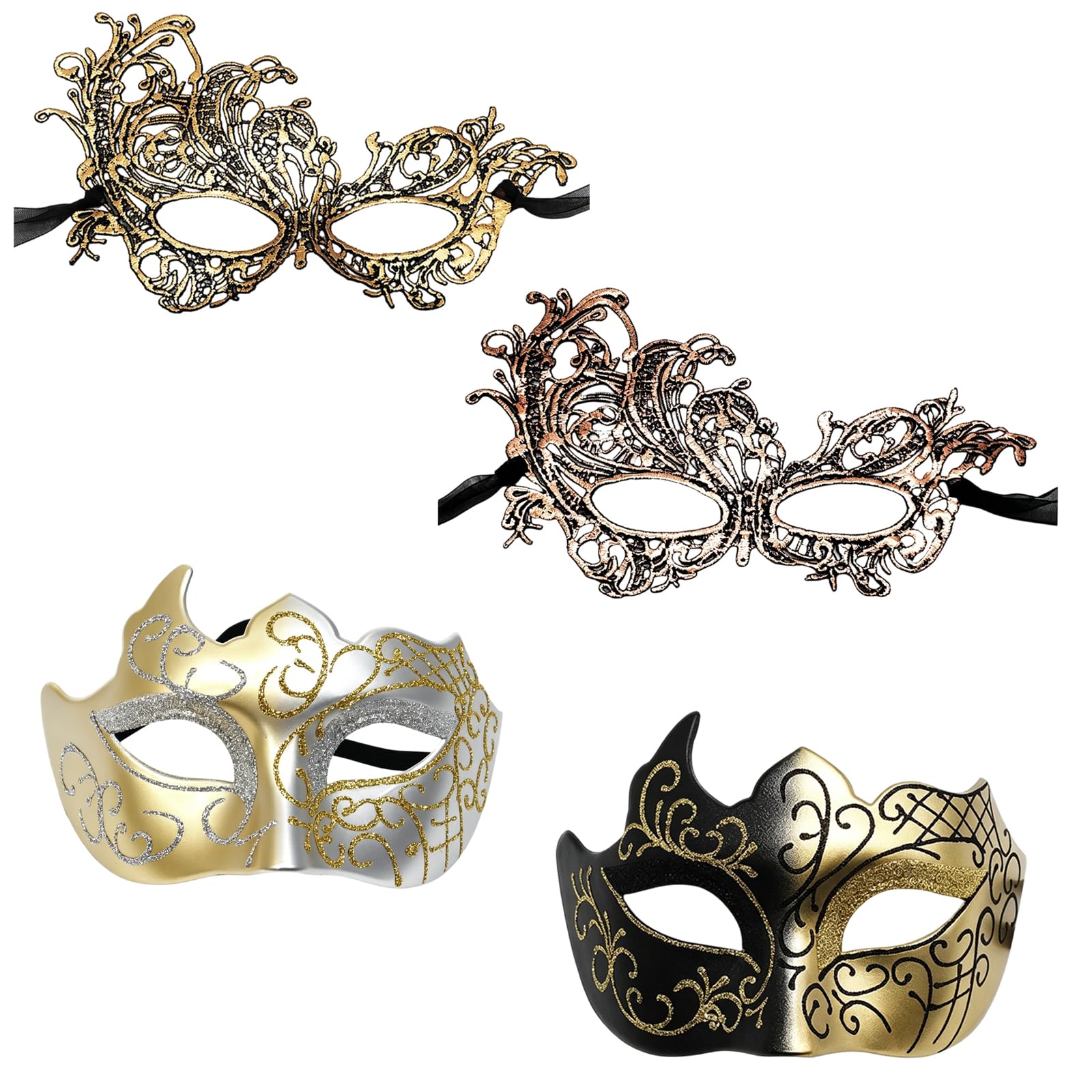 KhgFov Gold Masquerade Mask, Masquerade Mask for Women, 4 Pcs Masquerade Masks for Couples, Half Face Costume Masks with Golden Phoenix Horns, Ideal for Halloween Parties and Carnival Events