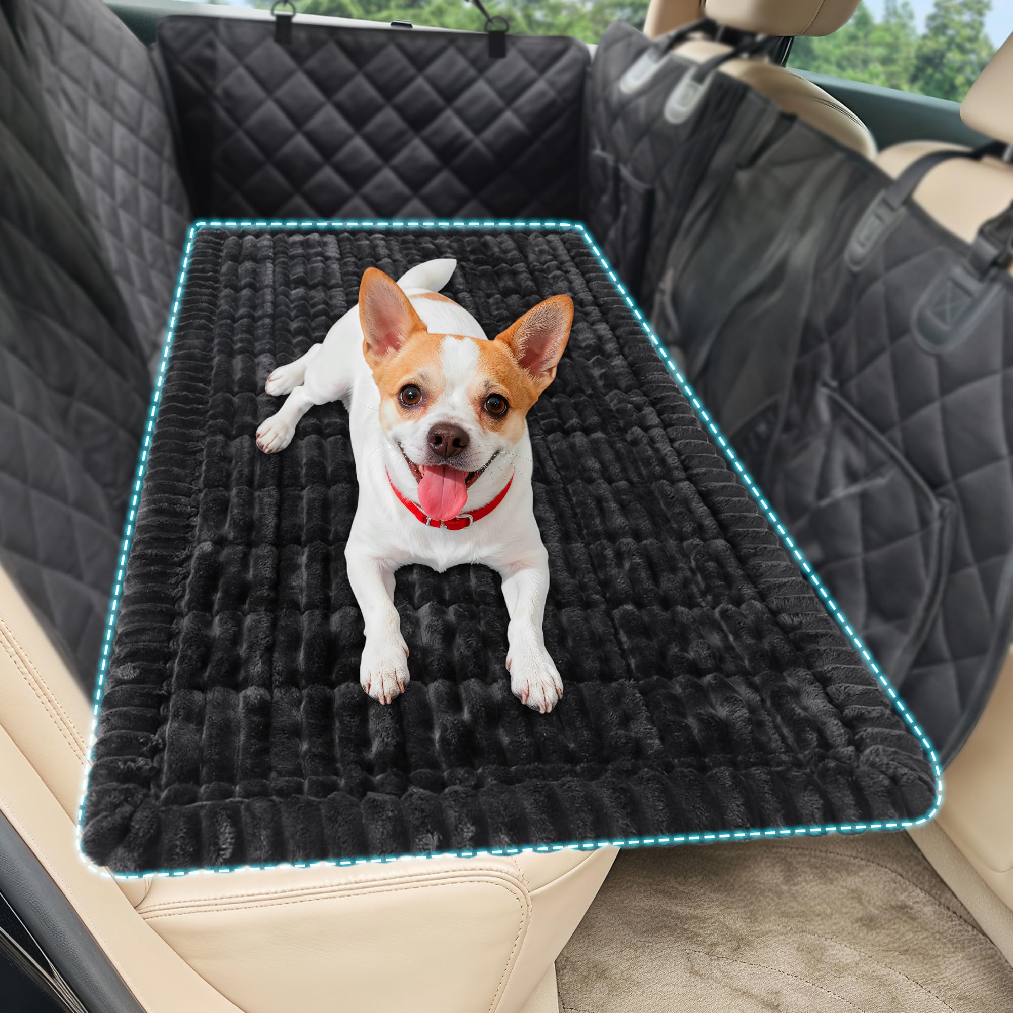 Loiion Dog Car Seat Cover for Back Seat, Non Slip Travel Pet Car Seat Protector, Washable Plush Flannel Dog Travel Mat for Car Back Seat with Soft Padding, Beige