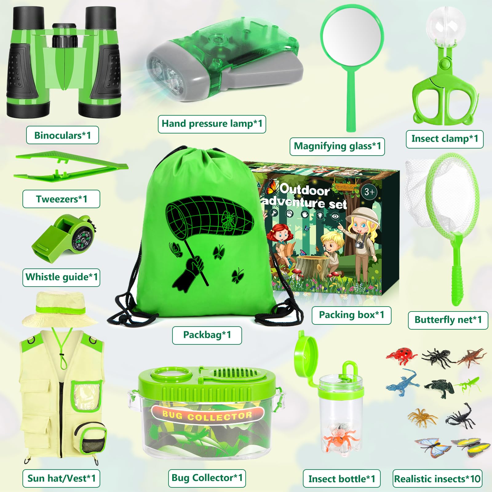 Kit Explorador Niños 23 Piezas – Juego Exploración Infantil con Prismaticos, Lupa, Caja Insectos, Chaleco, Sombrero, Linterna y Red – Disfraz Aventura para Jardín, Camping y Naturaleza