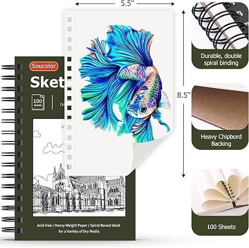 Miniatura 4 de Soucolor Cuaderno de bocetos de 5.5 x 8.5 pulgadas, paquete de 2 100 hojas, cuaderno de bocetos de arte encuadernado en espiral, libre de ácido (68