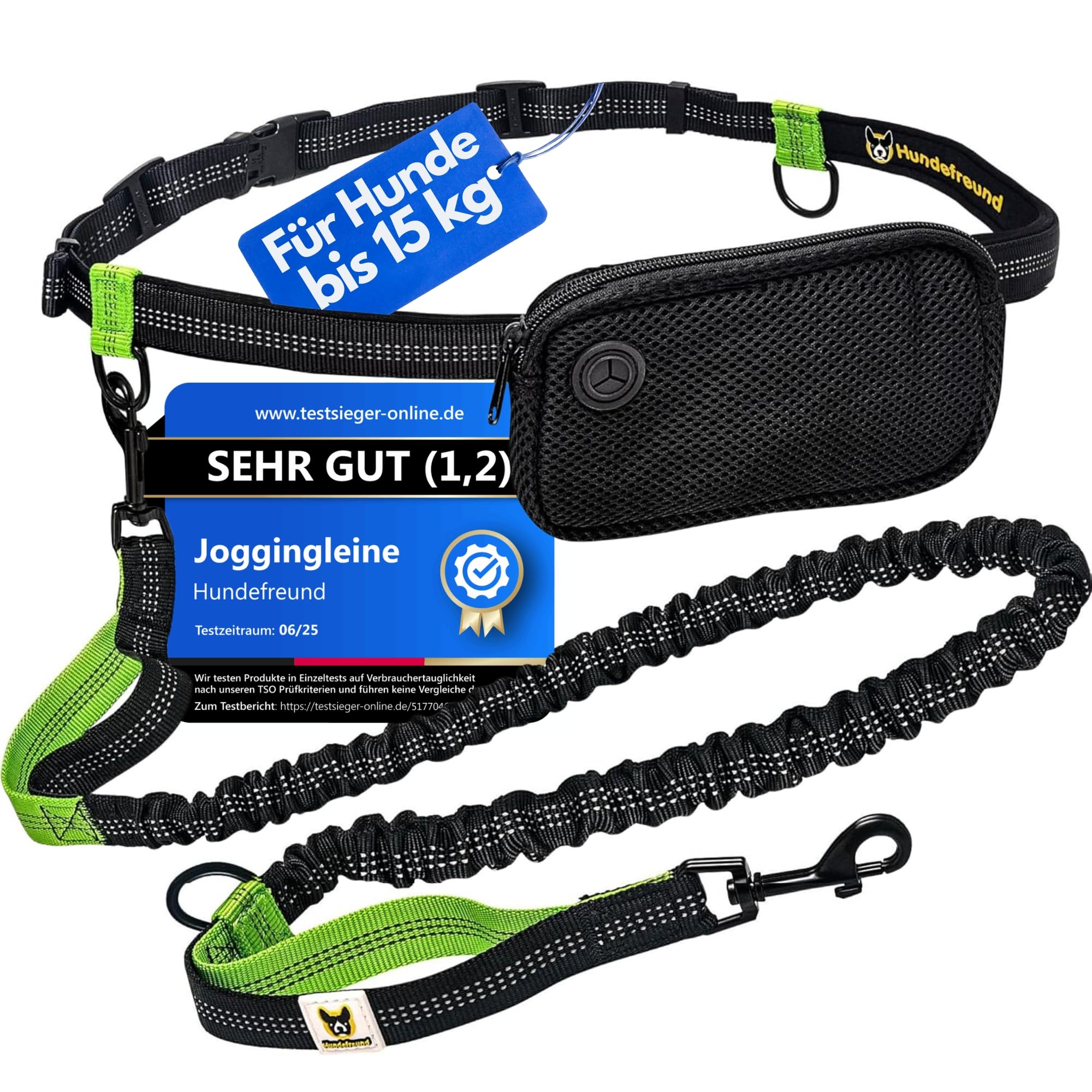 Hundefreund Joggingleine für kleine Hunde bis 15 kg – Leichte reflektierende Freihandleine mit Bauchgurt & Tasche – dehnbar 110–160 cm – zum Joggen, Wandern & Spazieren
