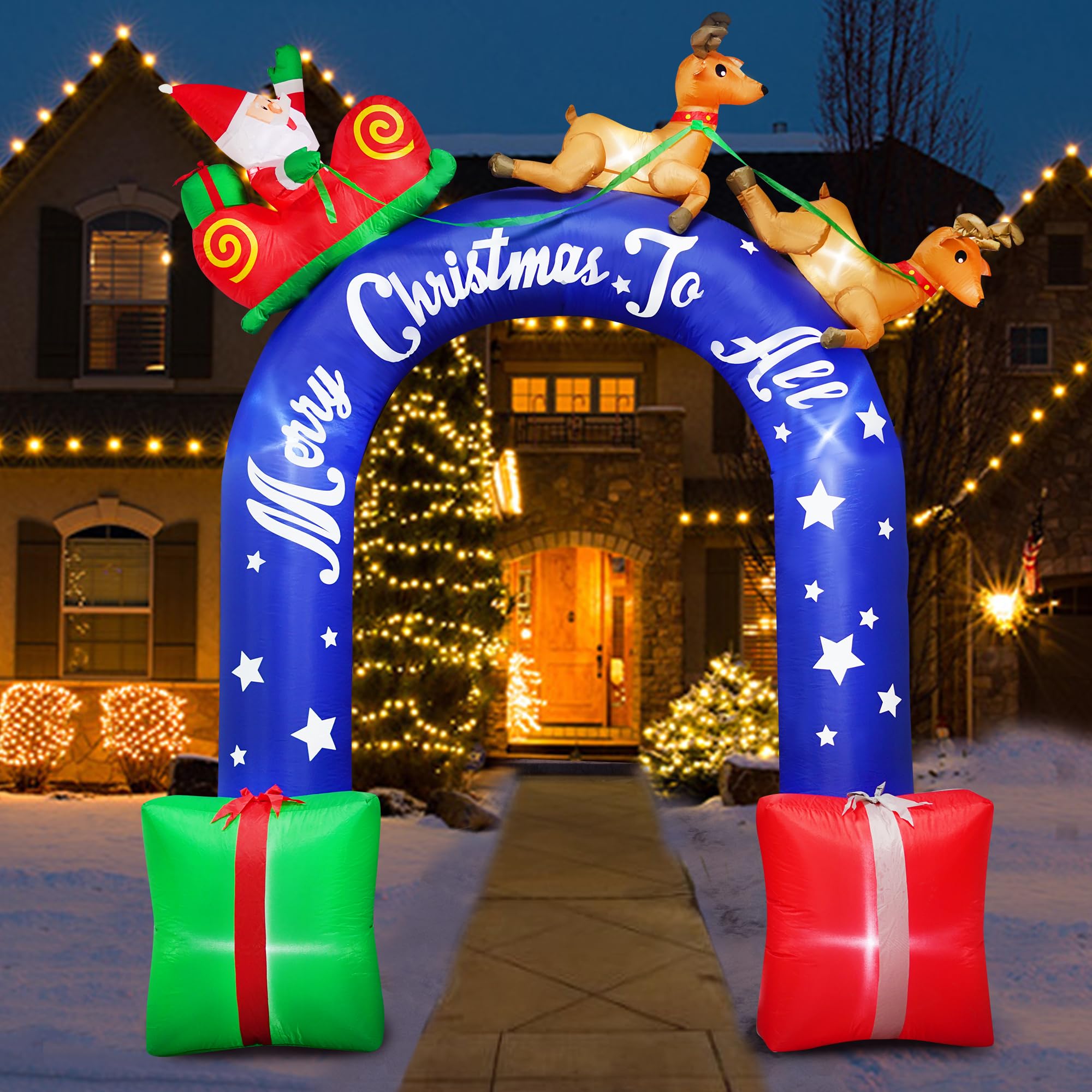 Babbo Natale gonfiabile alto 2,7 m che cavalca una renna con foglio, decorazione esterna, arco natalizio con regali, W-CL2250-270