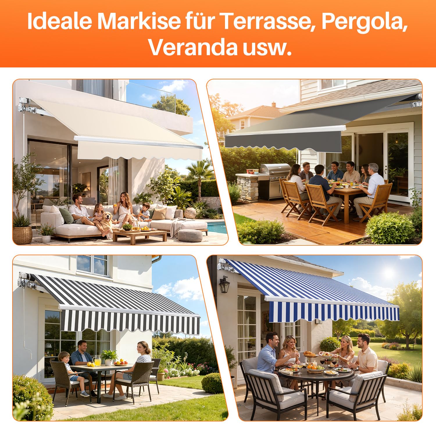 Store banne manuel à bras articulés, protection solaire avec manivelle, anti-UV et imperméable, en aluminium/polyester, pour balcon, terrasse, jardin, blanc/gris à rayures