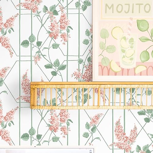 Fiula Papel tapiz verde para despegar y pegar, 16.1 x 78.7 pulgadas, flores blancas y hojas verdes, papel tapiz removible, papel tapiz autoadhesivo