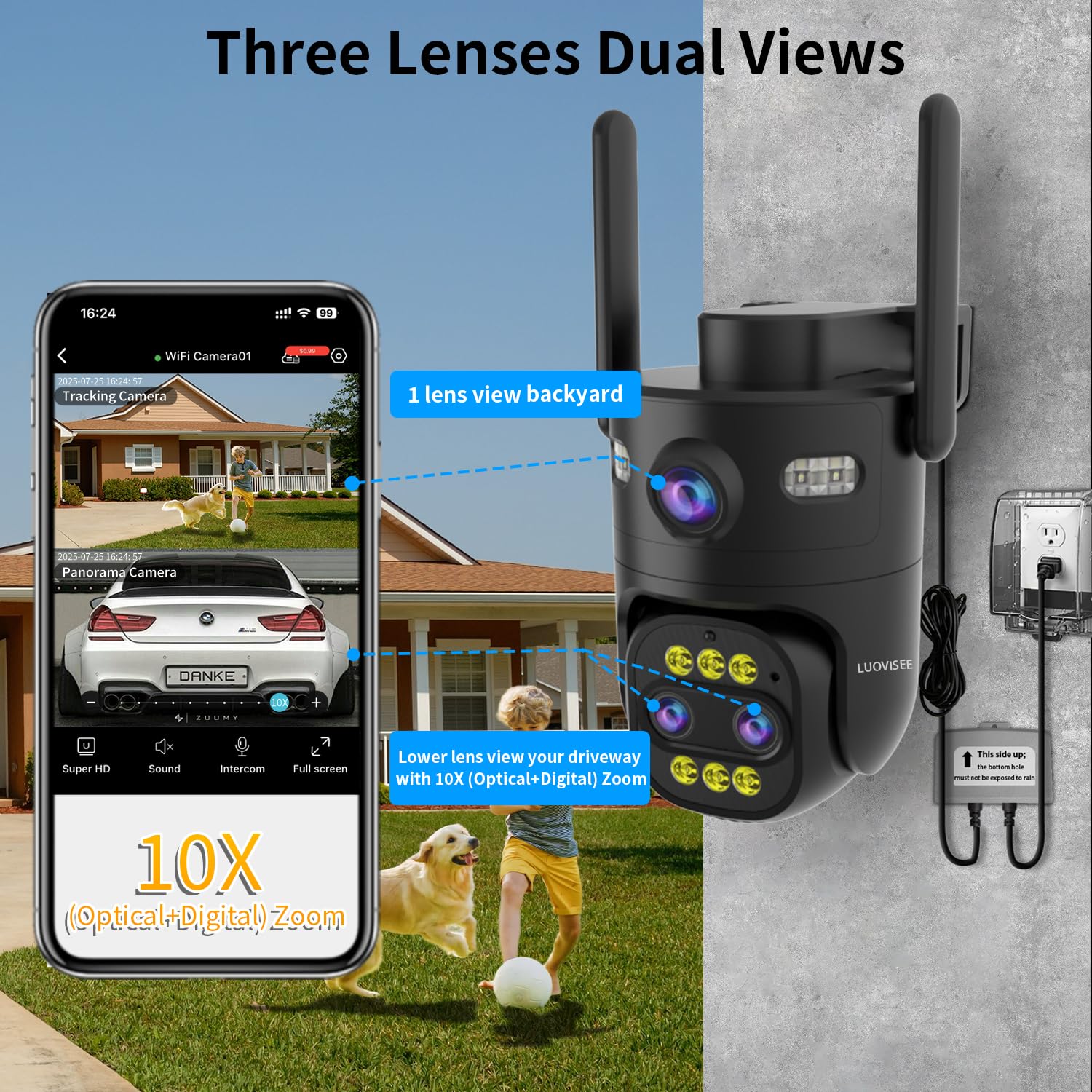 Telecamera di sicurezza esterna a tre lenti WiFi 2.4G/5G, telecamera di registrazione continua 24/7 per la sicurezza domestica, alimentazione plug-in, piastrelle PAN zoom 10x, tracciamento