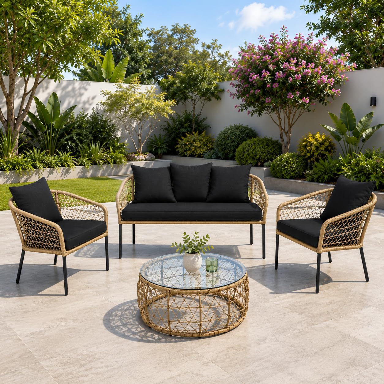 4-Piece Outdoor Patio Sofa Set, Handwoven Rattan, Black-image-46