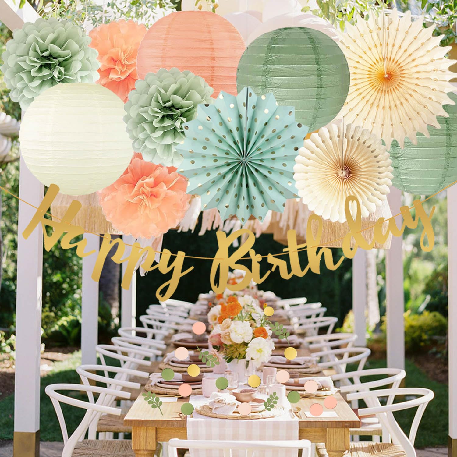Kit Décoration Anniversaire Vert Sauge Et Or - Ballons, Banderole, Pompons, Style Bohème Chic Pour Adulte/femme