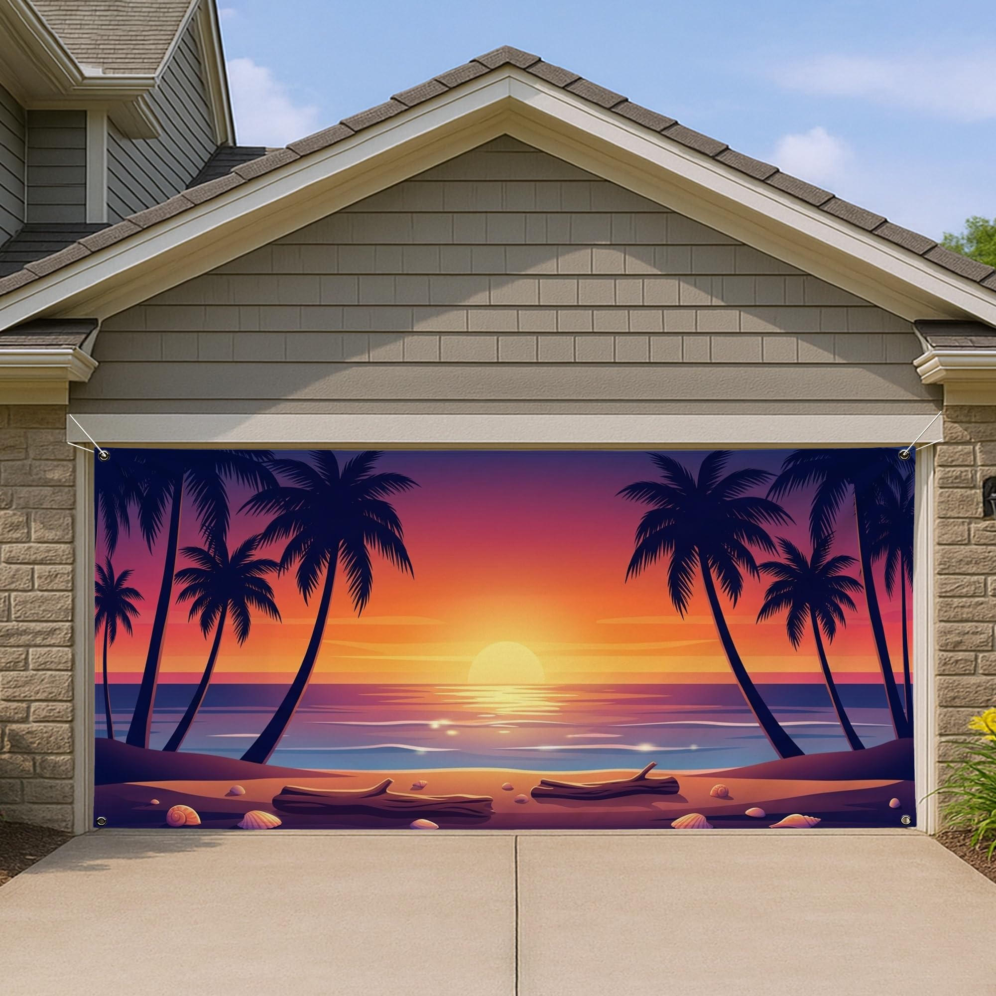 Scène de plage vibrante en tissu résistant pour habillage de garage 397x180