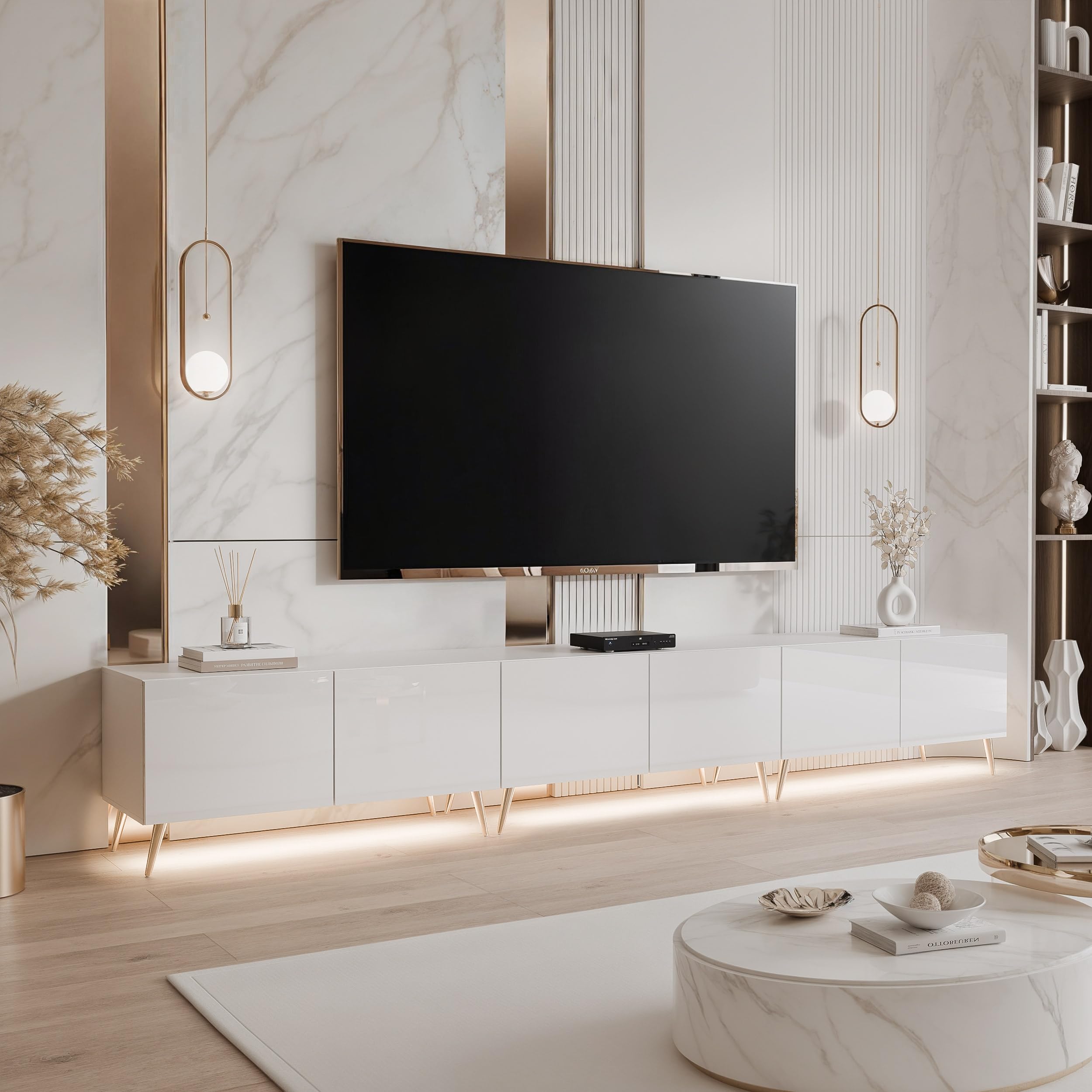 100/200/300 cm TV Lowboard Weiß Hochglanz 300cm mit 6 Praktischen Großen Fächern und LED Beleuchtung - TV Lowboard Stehend Passend Für Stilvolle Wohnräume