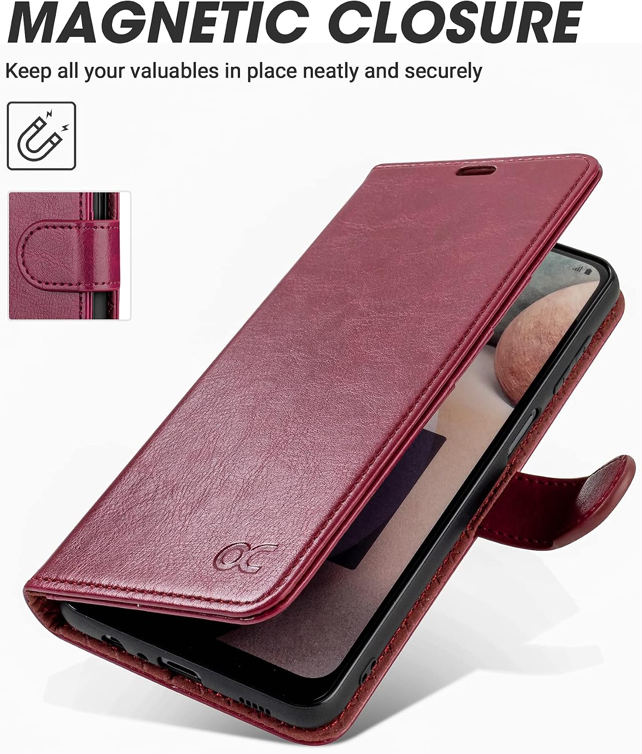 OCASE Compatible with Samsung Galaxy A12 5G Case with Card Holders, PU Leather Flip Wallet Case [TPU Inner Case][Stand][Tempered Glass Screen Protector] Protective Phone Cover 6.5 Inch(Burgundy)