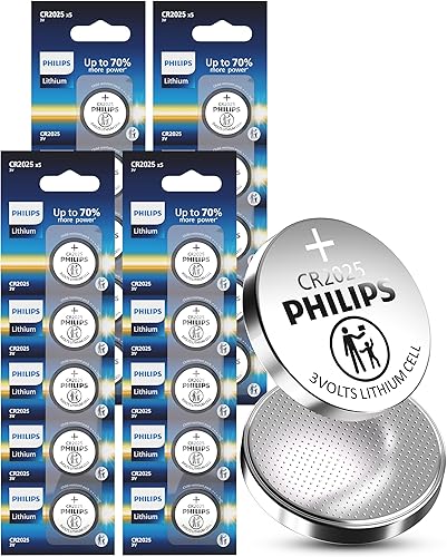 Philips CR2025 3V Lithium Coin Battery (20 Pack) | 10-Year Shelf Life, Stable Power Output, Child-Safe Packaging | Works with Key Fobs & Household Devices