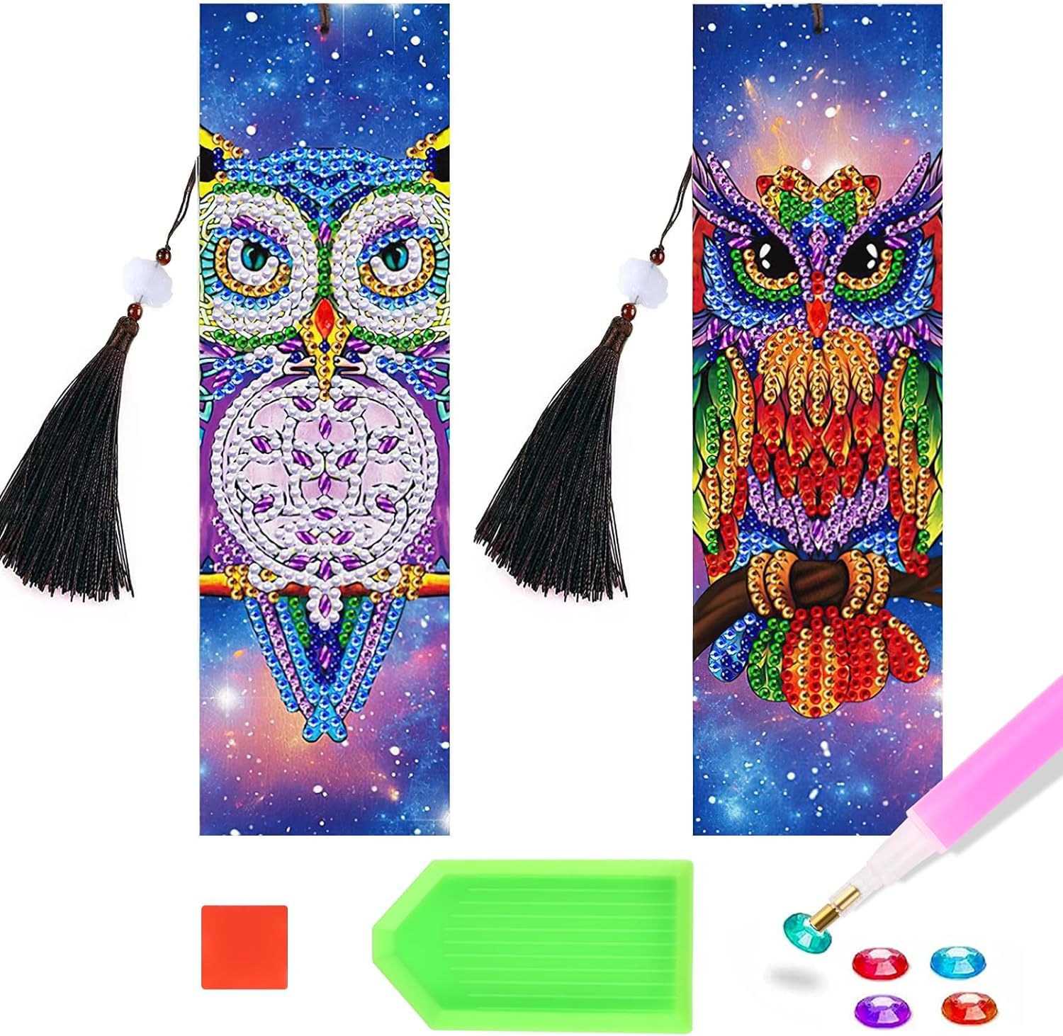 2 Pcs DIY Diamond Art Page Bookmark, Leather Tassel Bookmarks, Bully Owl Pattern, Diamond Art Painting Bookmarks with Crystal Pendant for Page Marking (A)