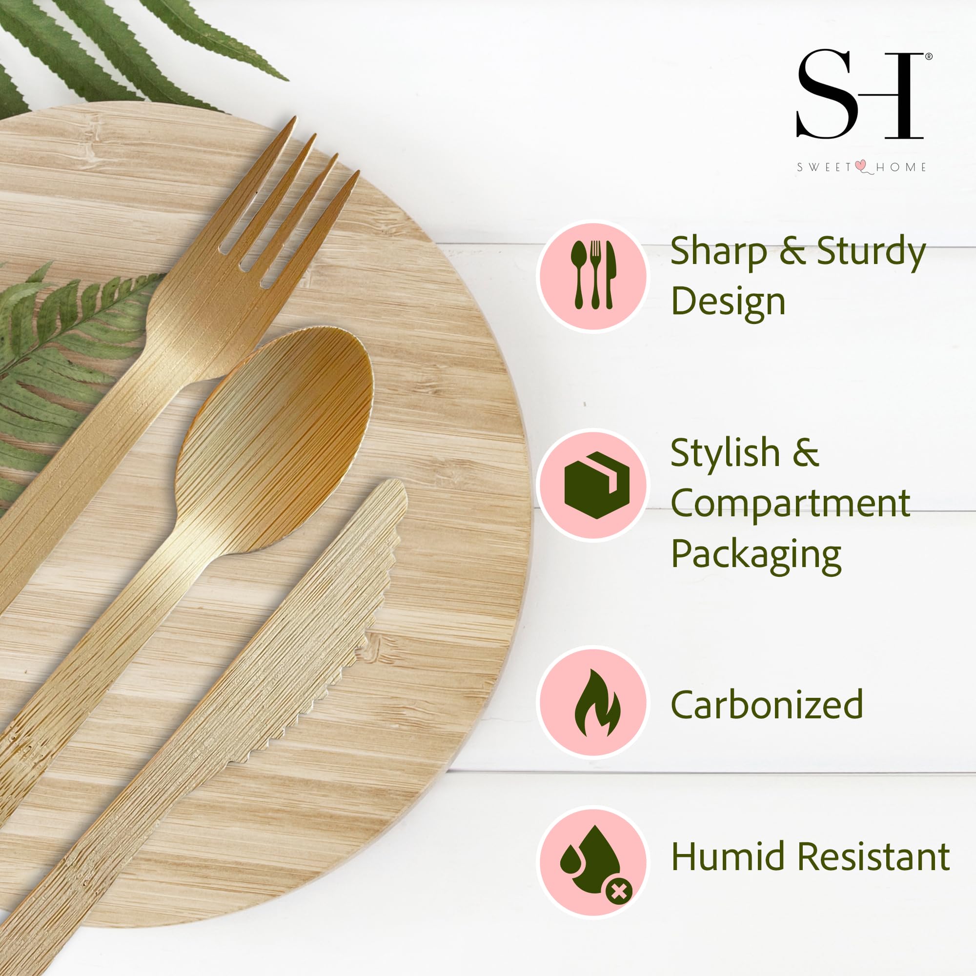 Sweet Home - Set di utensili in bambù 100% compostabili, usa e getta, 180 pezzi, 70 forchette, 40 cucchiai e 70 coltelli, posate ecologiche per feste, campeggio