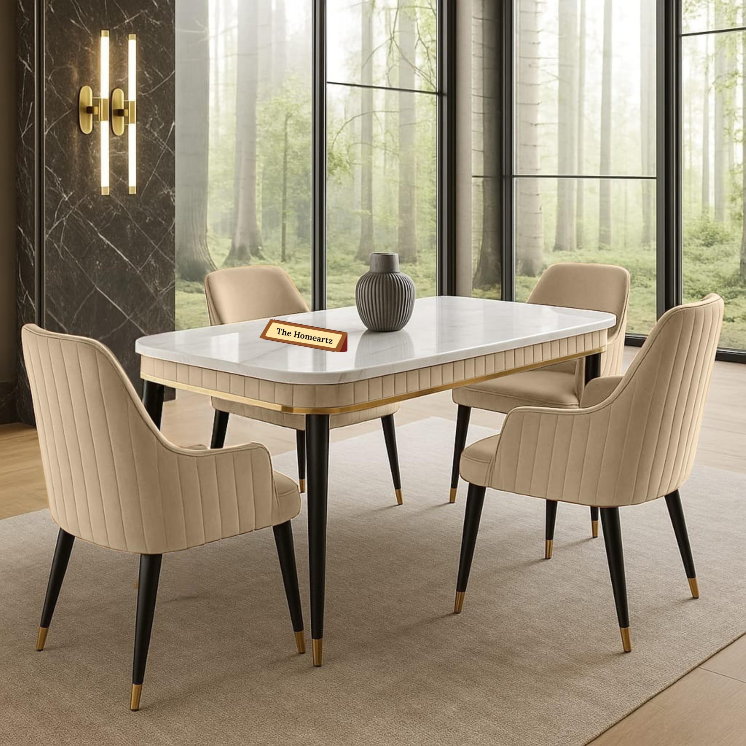 4-Seater Modern Wooden Dining Table Set | Created Italian Statuario Marble Top | Elegant Composite Marble Table with 4 Chairs (Beige)-image-15