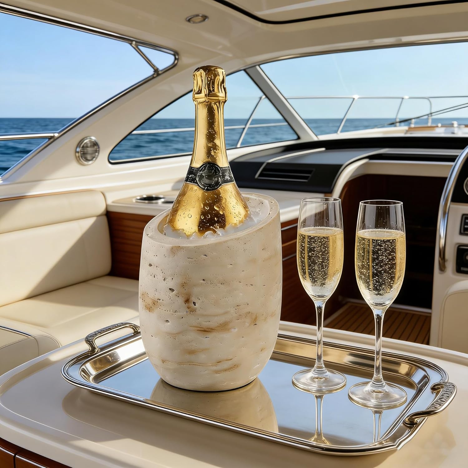 750ml Wine Chiller Bucket & Champagne Cooler – Travertine-Textured Resin Bucket for Rapid Cooling, Perfect for Home Bar, Kitchen, Party, or Bar Cart Decor – Ideal Wine Lovers Gift (Beige)