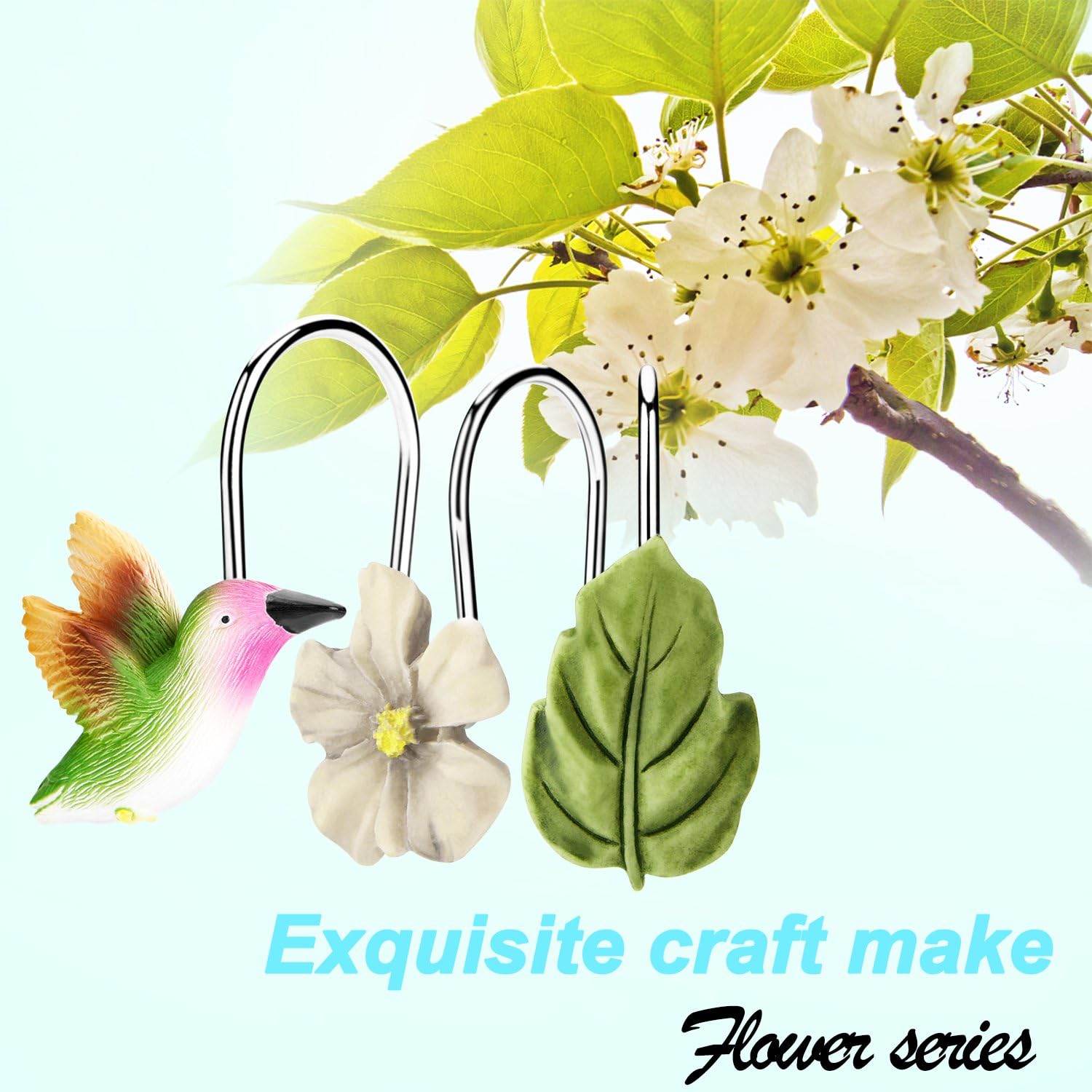 Shower Curtain Hooks, Fitnate 12 PCS Anti-Rust Decorative hummingbird Shower Curtain Hooks for Home, Bathroom, Bedroom, Baby Room, Living Room & More –hummingbird/flowers/leaves : Home & Kitchen