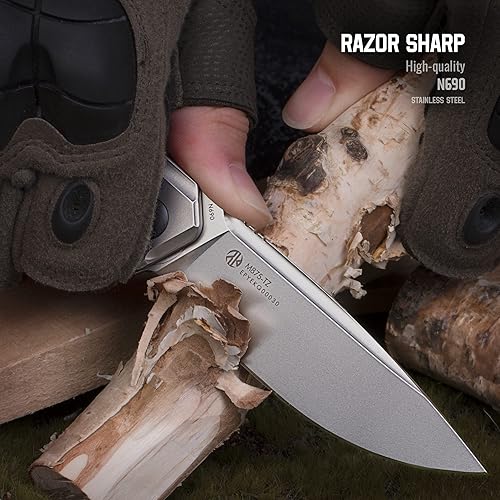 Miniatura 3 de Ruike Cuchillo táctico plegable de bolsillo para hombres, hoja de acero inoxidable N690, mango de aleación de titanio TC4, bloqueo de marco, ligero,