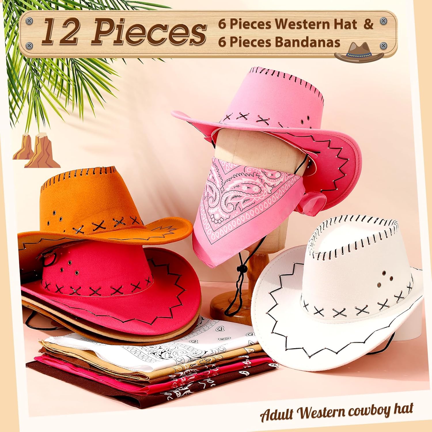 Zhanmai 12 Pcs Cowboy Hat & Bandana Set Western Costume Accessories for Cowboy Party Bulk Favors for Theme Party