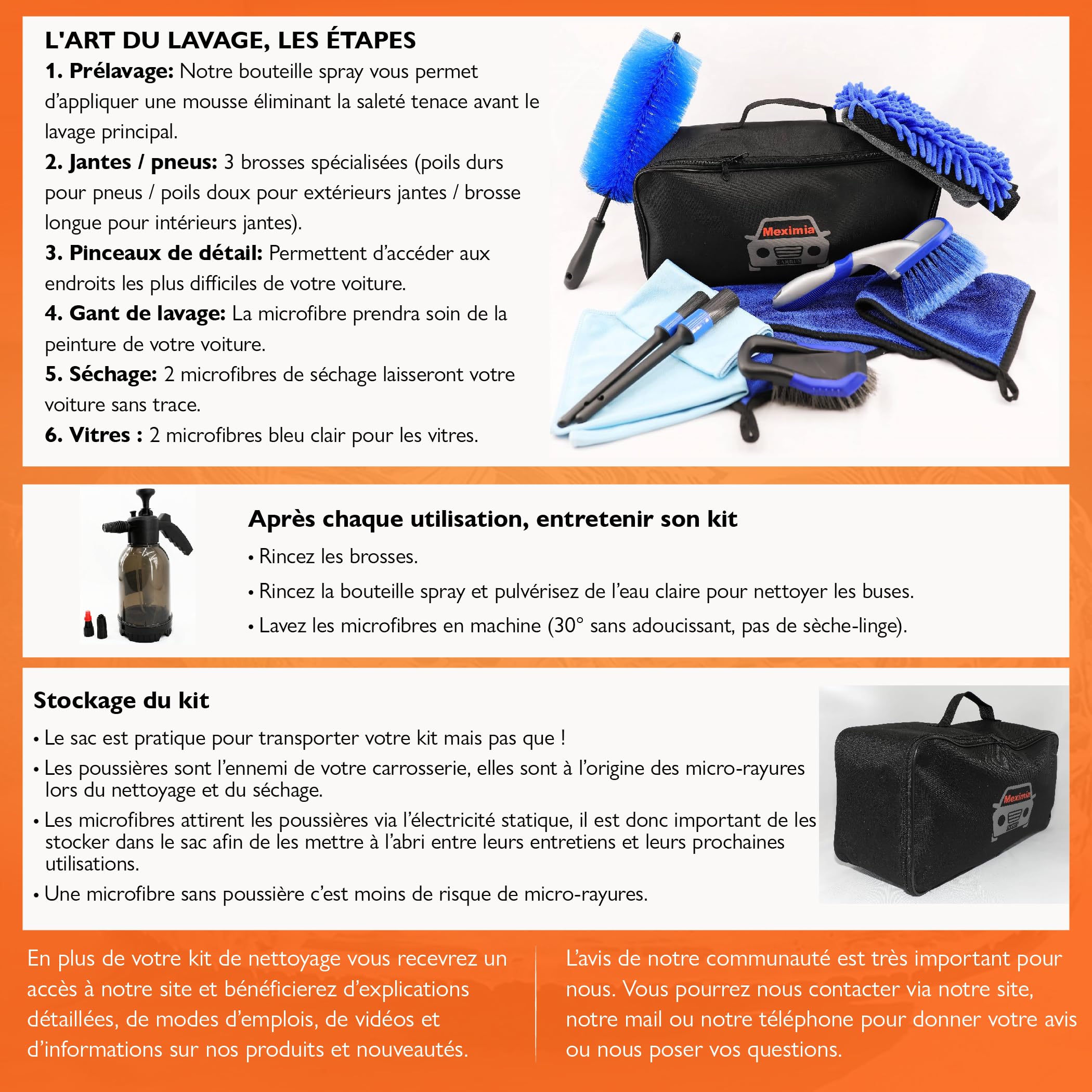 Kit Nettoyage Voiture,12PCS, Bouteille Spray Mousse prélavage, Gant Lavage Microfibre, Brosses Jantes et pneus, Pinceaux De Détail, Sac De Rangement