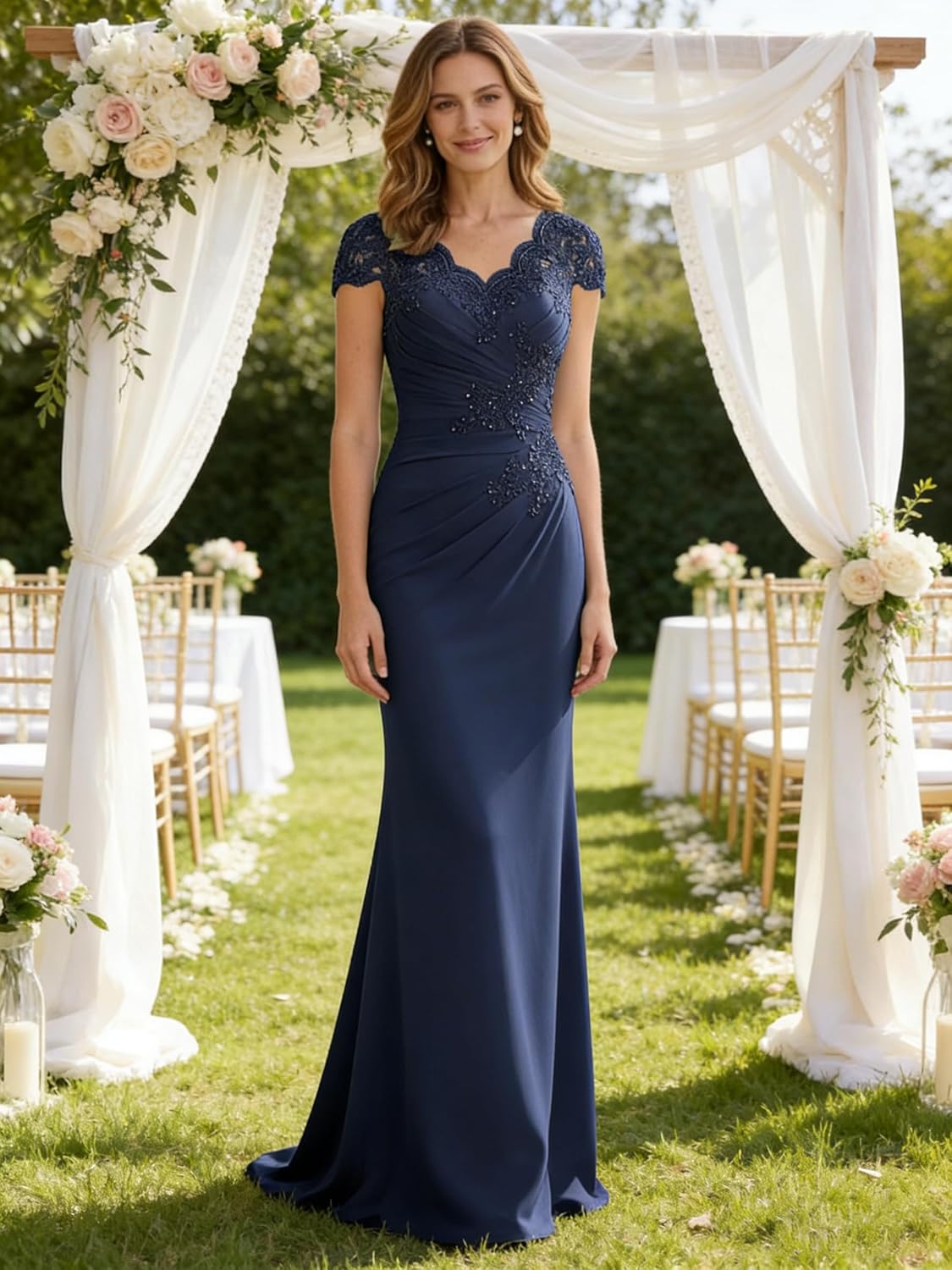 Cap Sleeves Chiffon Mother of the Bride Dresses V Neck Wedding Guest Dresses for Women Floor Long Applique Evening Gowns