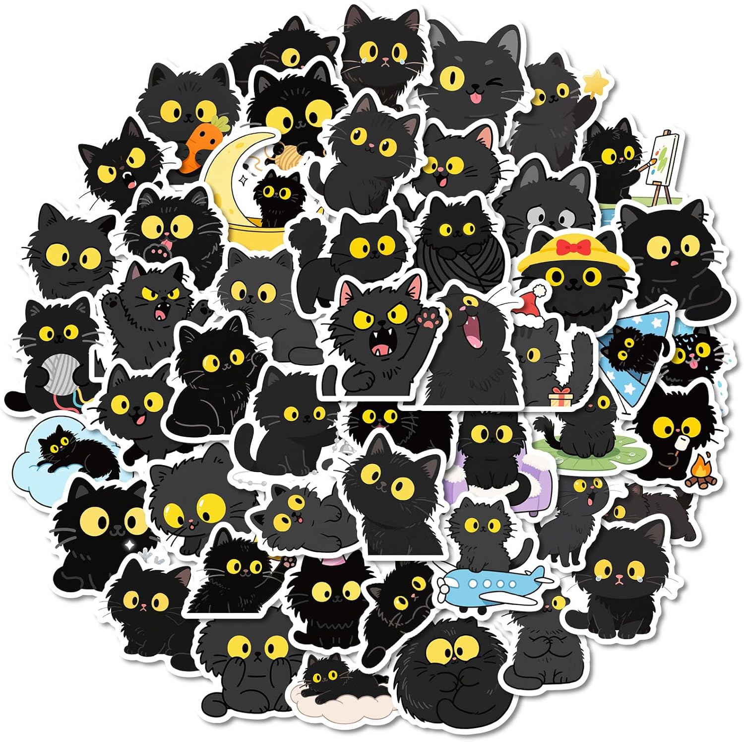 50Pcs Kawaii Black Cat Stickers, Waterproof Cute Kitten Stickers for Water Bottle Laptop Kindle Suitcase Scrapbooking Skateboard, Funny Graffiti Decals