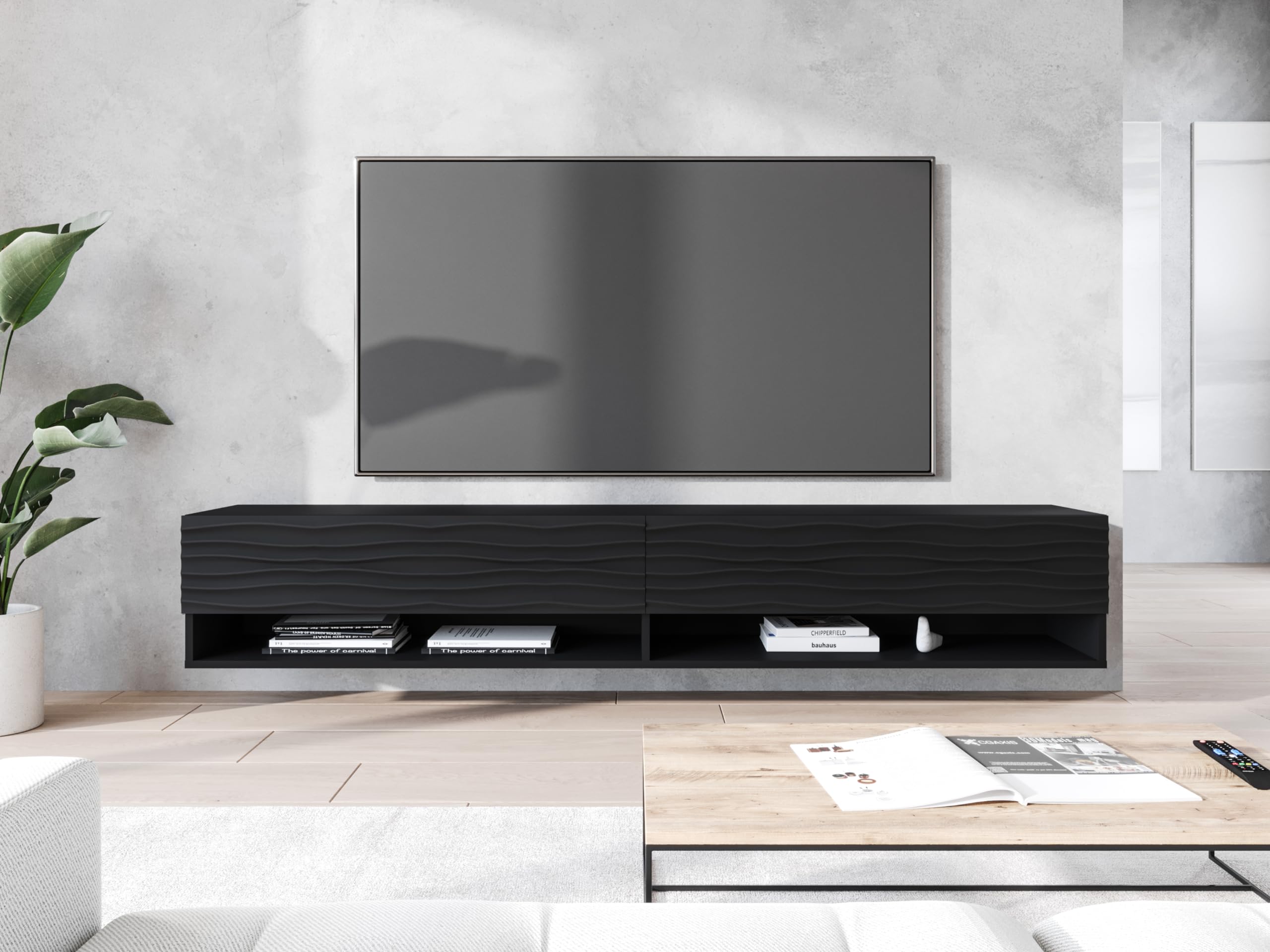 Meuble TV 180 cm noir ondulé avec éclairage LED en option, deux étagères, support TV suspendu