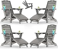 Vista 9 de Ciokea Juego de 2 sillas plegables Adirondack con otomano retráctil para hoguera, silla de patio con reposapiés extraíble, resistente a