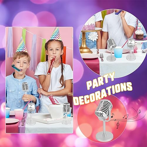 Miniatura 5 de Paquete de 6 micrófonos de estilo retro, modelo de micrófono falso dorado con soporte clásico vintage de plástico para Halloween, juego de rol, hip