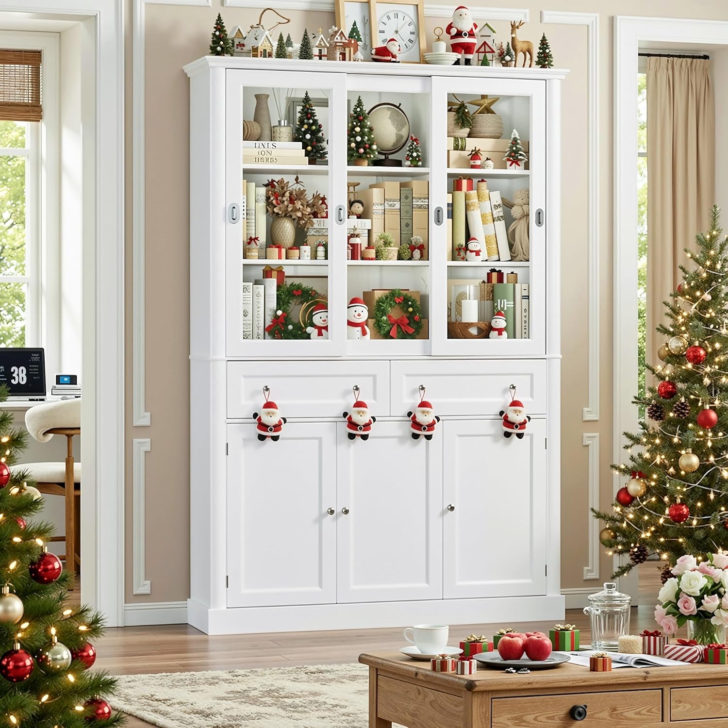 FACBOTALL 73.5" Tall Bookcase with Doors & File Cabinet, White Modern Bookshelf with 3 Sliding Glass Doors & 2 Drawers, Multi-Functional Storage Cabinet for Office, Living Room, and Kitchen Pantry