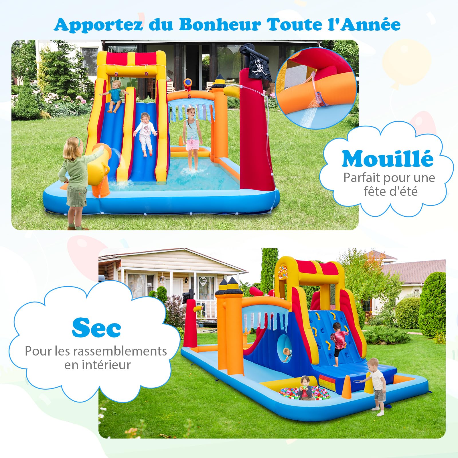 COSTWAY Château Gonflable en Forme Boîte avec Toboggan Aquatique & Mur d’Escalade, Aire de Jeux Gonflable avec Canon à Eau, Charge 90kg pour 3 Enfants de 3-10 Ans, 693x295x263 cm…