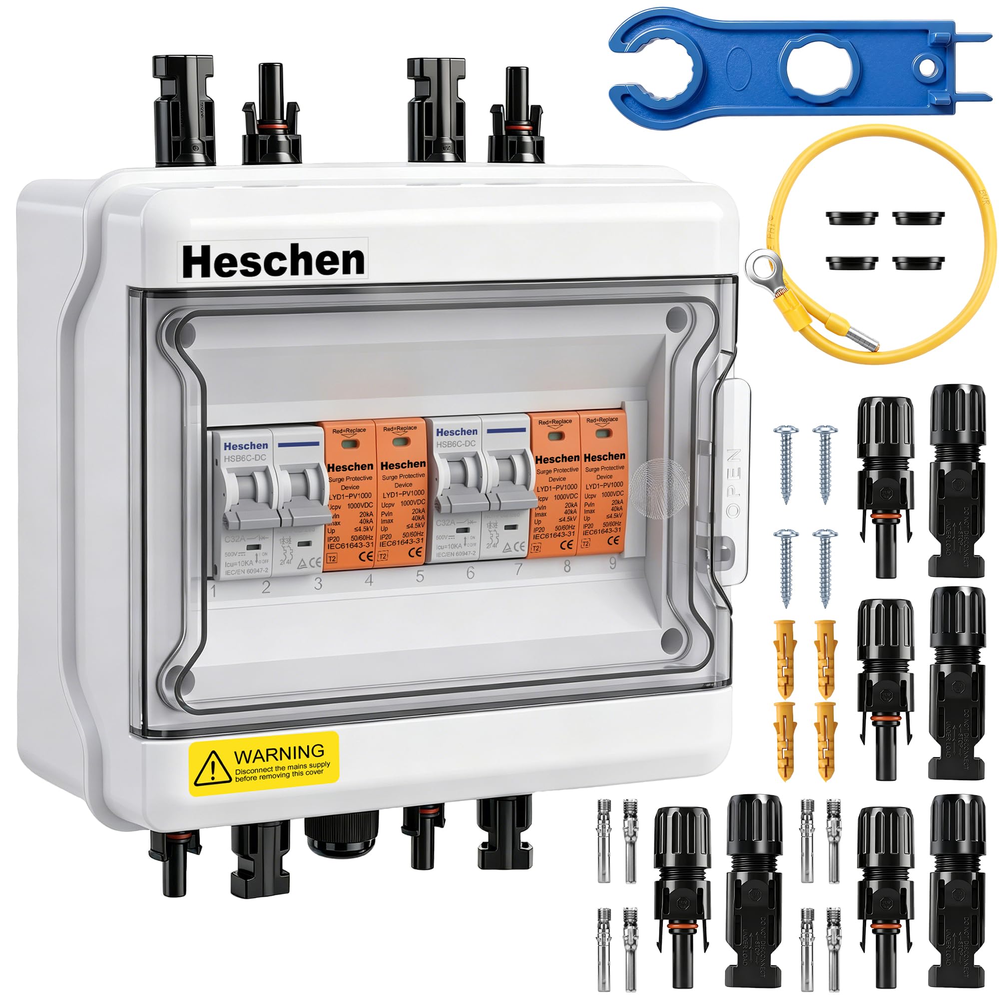 Heschen Scatola combinata PV a 2 corde, 500 V DC, scatola di collegamento fotovoltaica pronta all'uso, con spina MC4, 2 fusibili automatici da 32 A e protezione da sovratensione da 1000 V, 40 kA, IP65