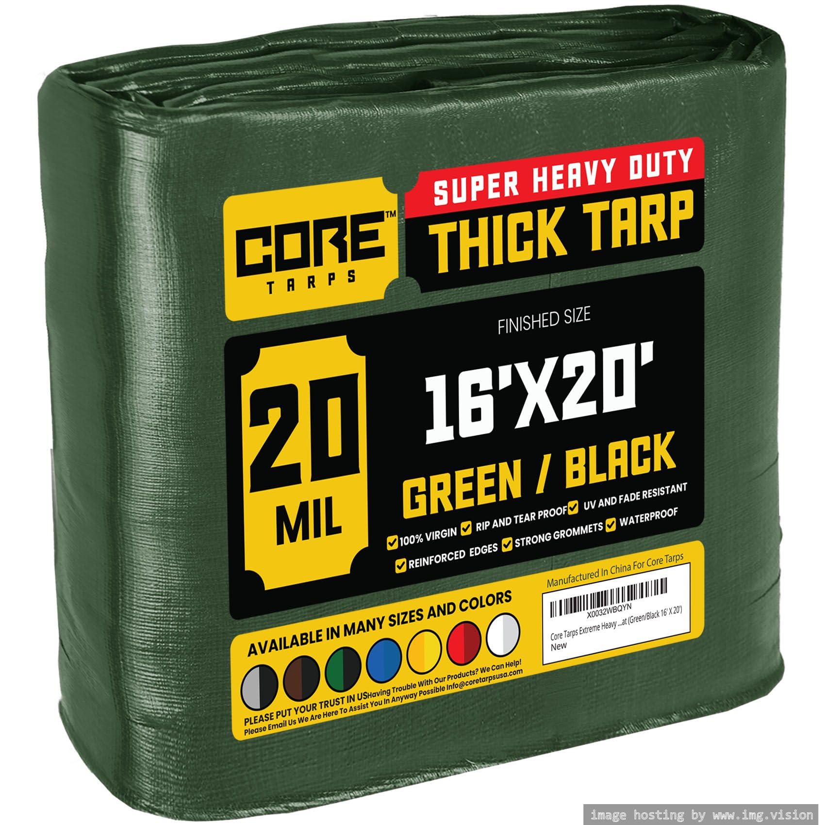 Core Tarps Extreme Heavy Duty 20 Mil Tarp Cover, Waterproof, UV Resistant, Rip and Tear Proof, Poly Tarpaulin with Reinforced Edges for Roof, Patio, Pool, Boat (Green/Black 16′ X 20′)