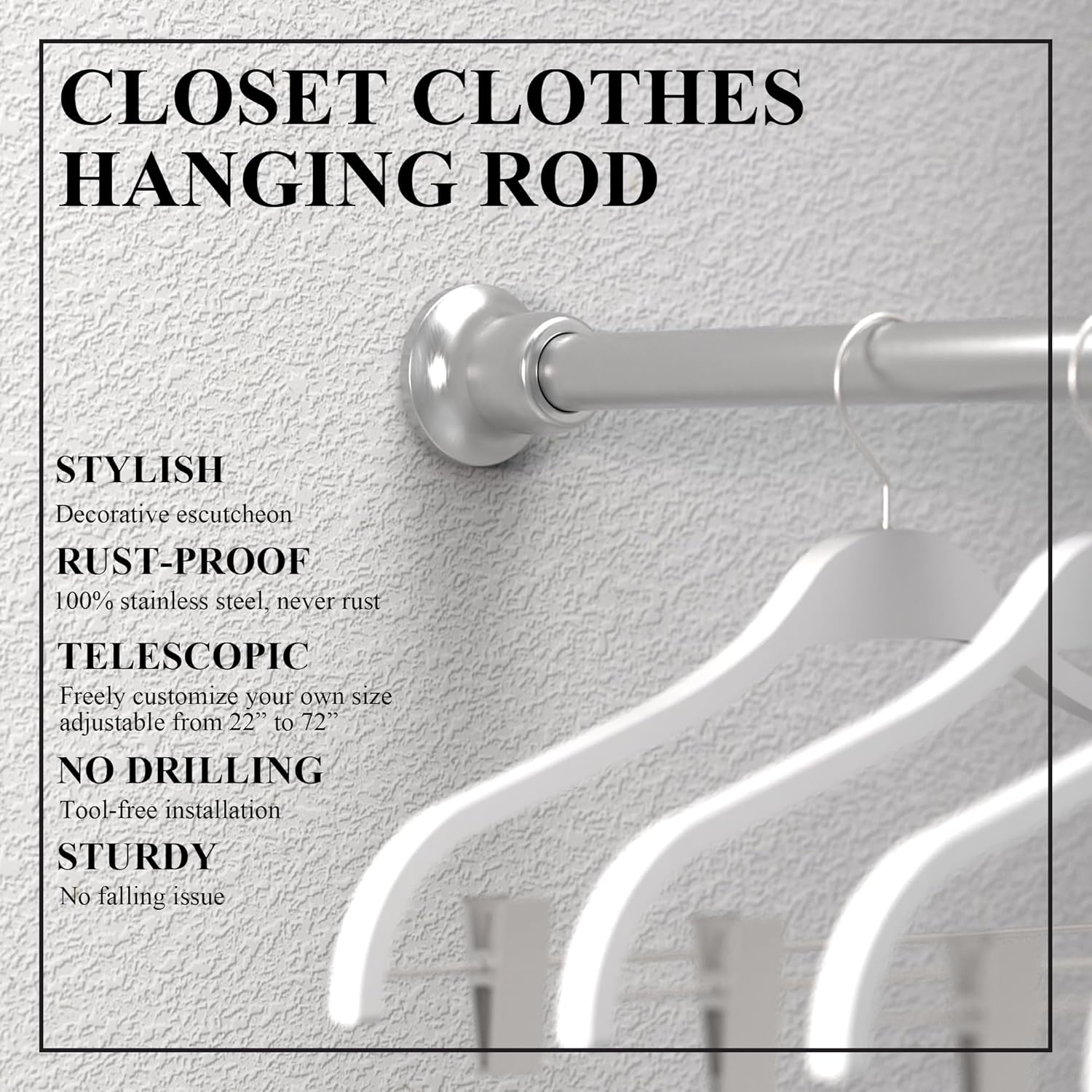 Decorative Tension Shower Curtain Rod, 24"-72" Adjustable, Rust Proof Stainless Steel, No Drilling Heavy Duty Curtain Holder, Brushed Nickel