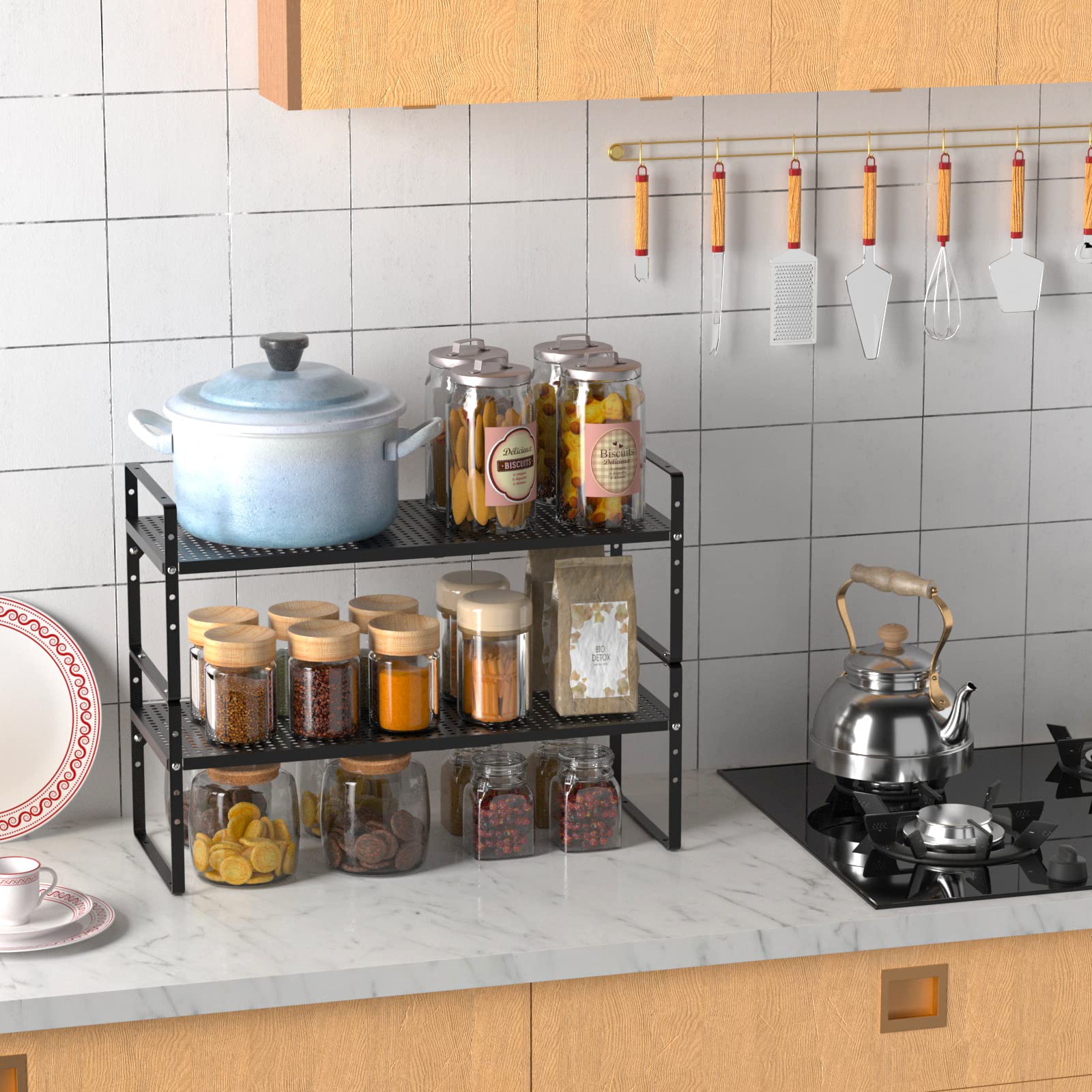 WEJIPP Cabinet Organizer Shelf Expandable Spice Rack Cabinet Organization Shelves Stackable Storage Shelves Space Saving Countertop Cabinet Pantry Bathroom Organizer,Black,2 Packs