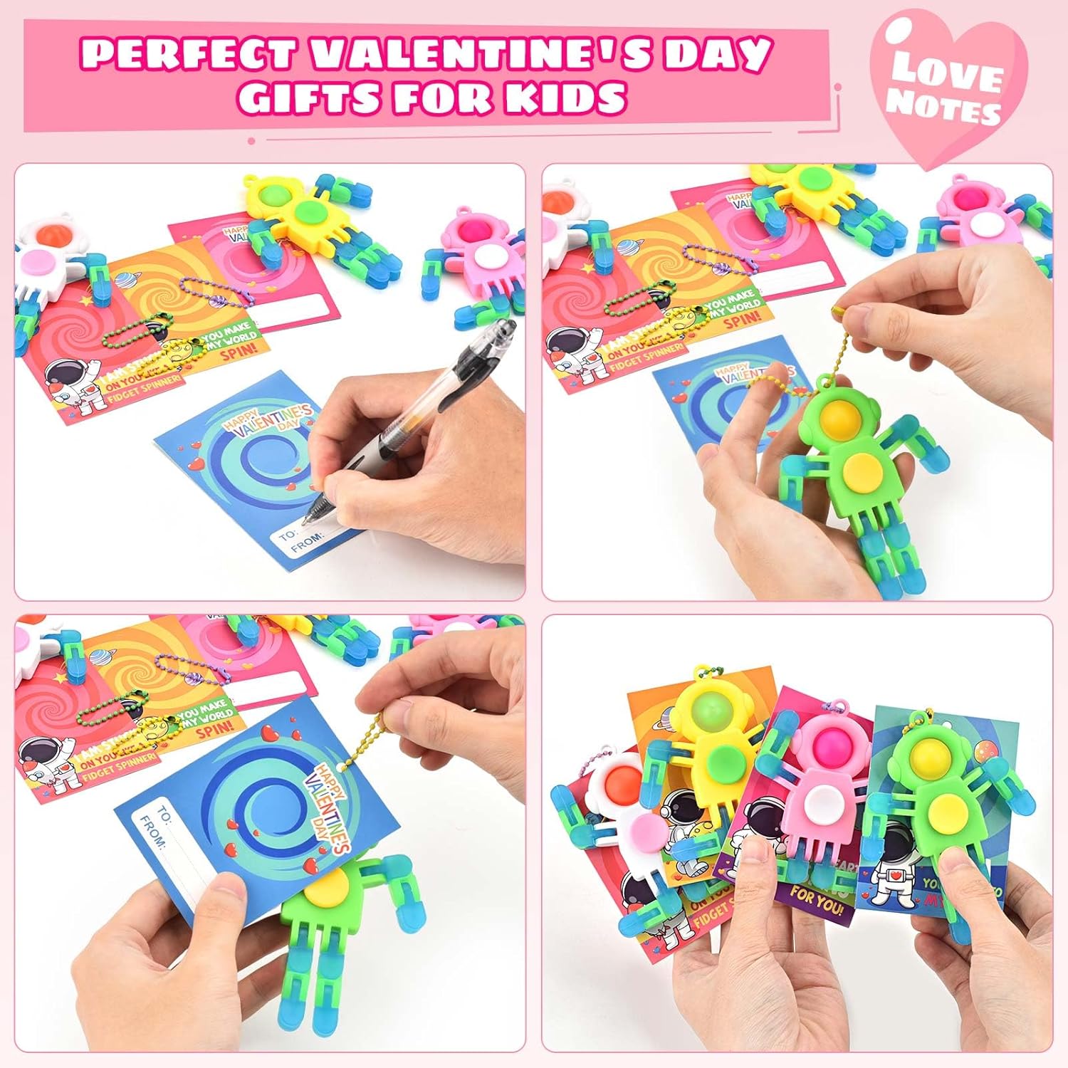 28 Pack Valentines Day Gifts for Kids — Space Astronaut Robot POP Fidget Spinner Toys with Cards for School Classroom Exchange, Party Favors & Game Prizes, Boys Girls